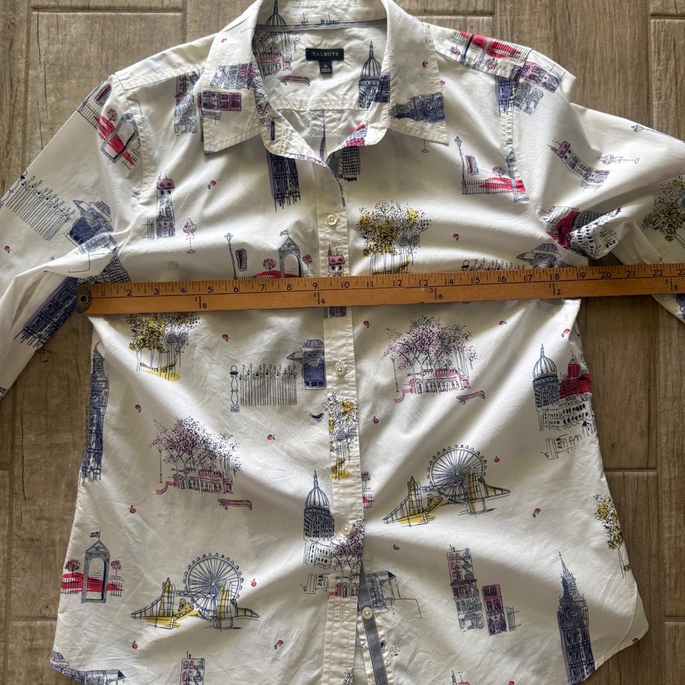 Talbots Womens London Landmark Novelty Print Button Down Shirt White Size M Long - Picture 6 of 11
